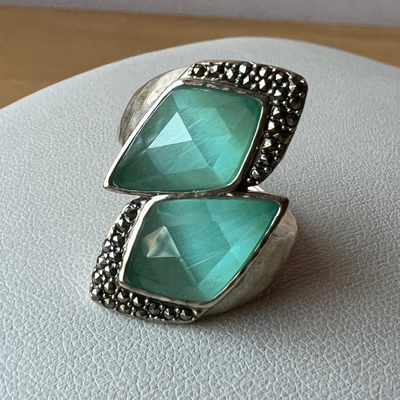 JUDITH JACK STERLING SILVER MINT GREEN QUARTZ DOUBLET MARCASITE RING BNWT